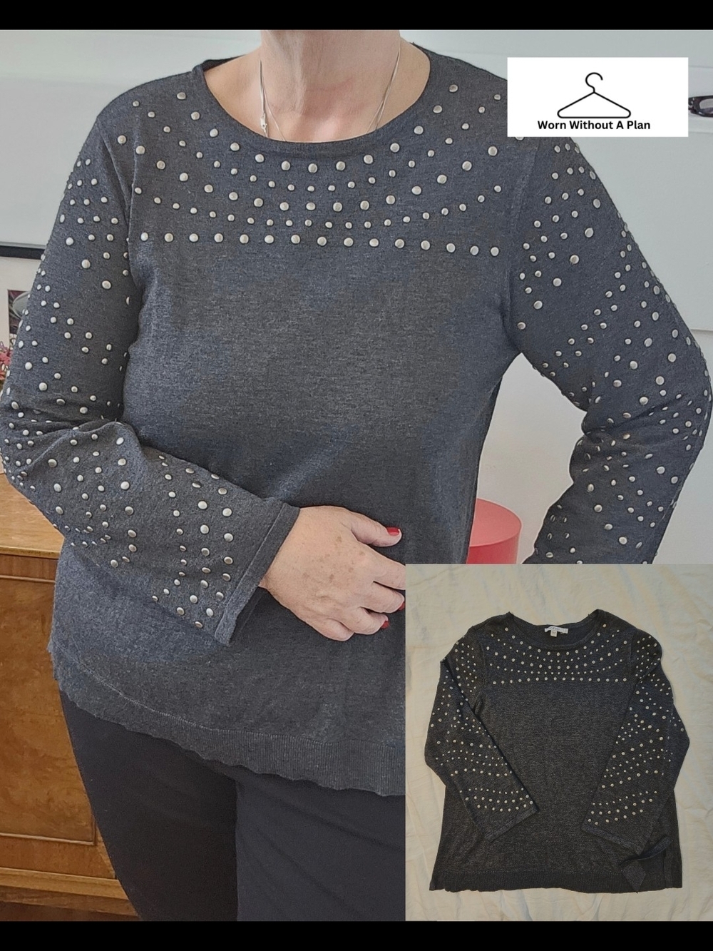 Chicos Dark Gray Studded Knit Top Size 3